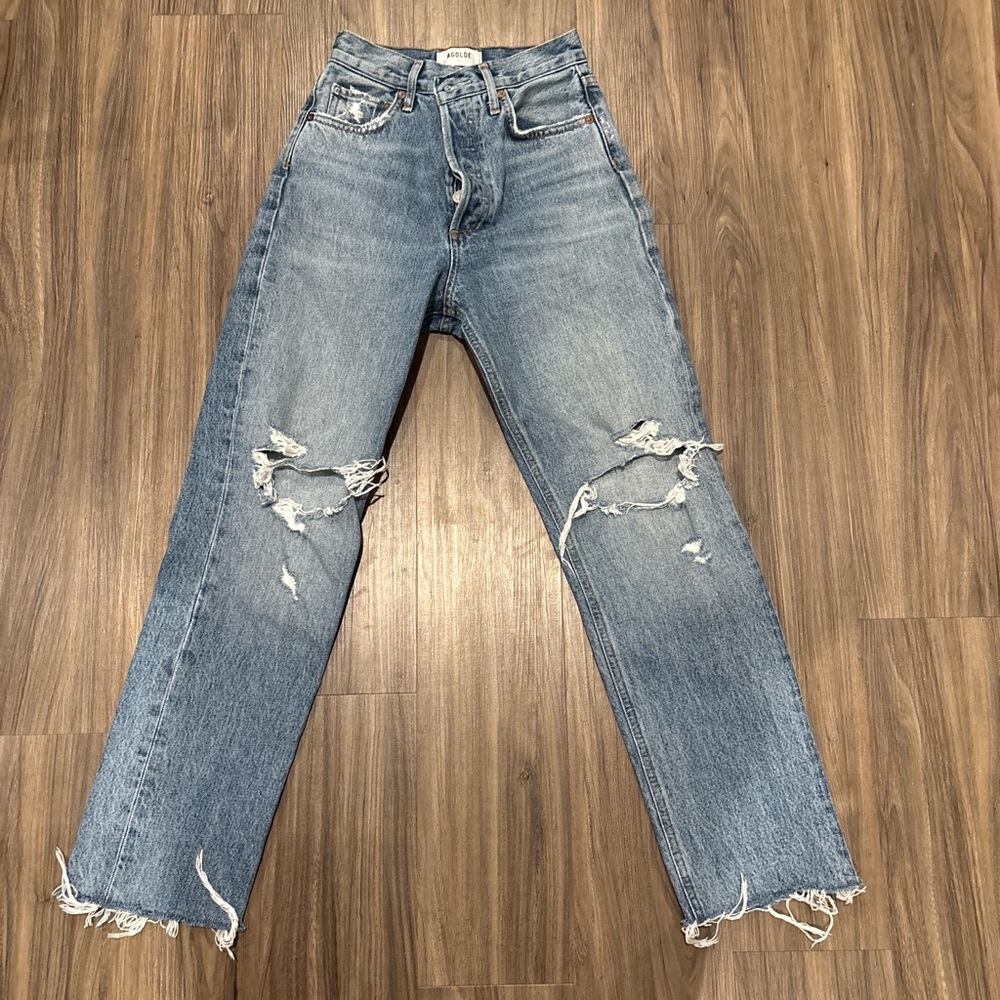 Agolde Light Blue Distressed Straight Leg Jeans
